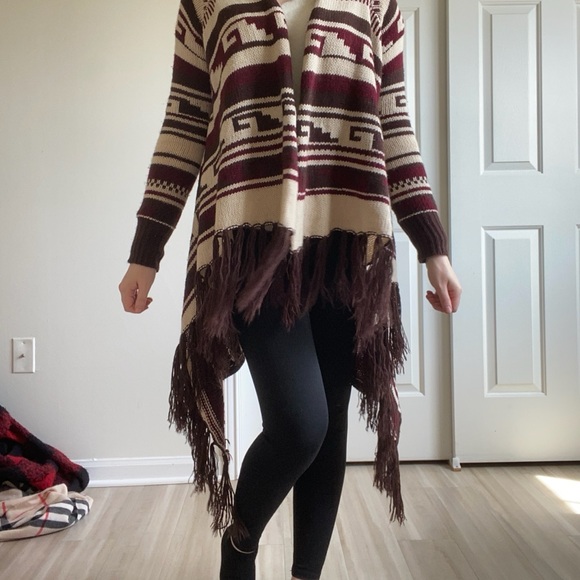 Aztec Patterned Fringe Sweater - Brown and Cream - Picture 2 of 7